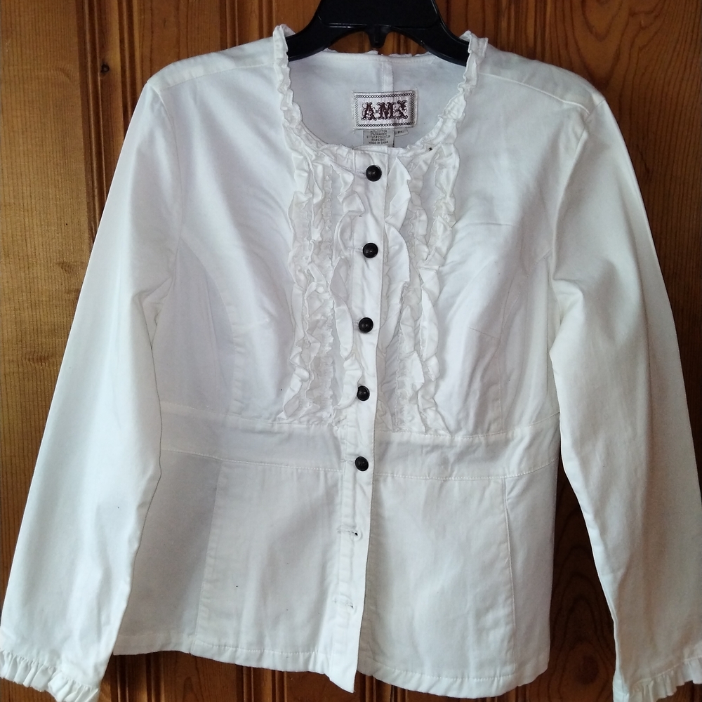 White Ruffled Blazer with Stand-Up Collar